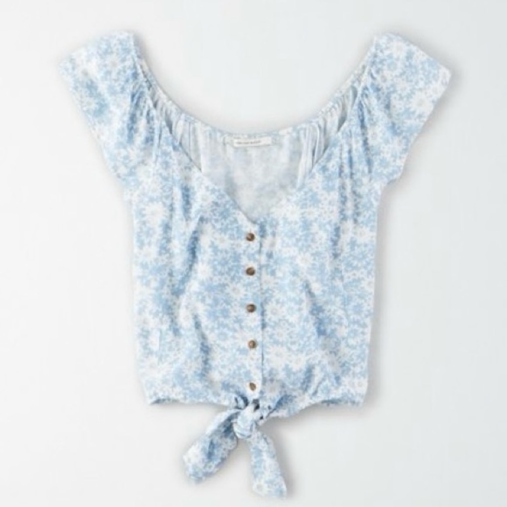 AE | Tie Front Button Up Crop Blouse | S